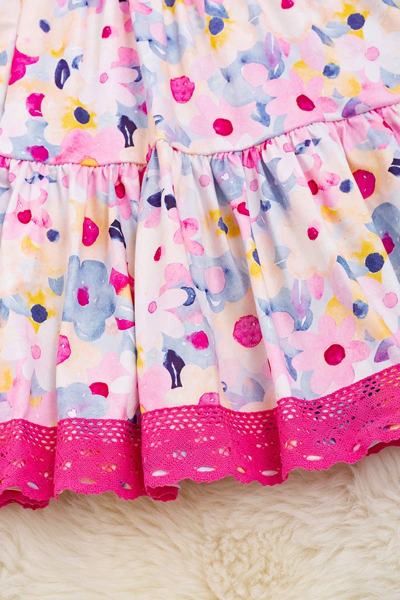 FLORAL PRINTED FLARE DRESS WITH FUCHSIA HEM. DRG15144019 LOI: L