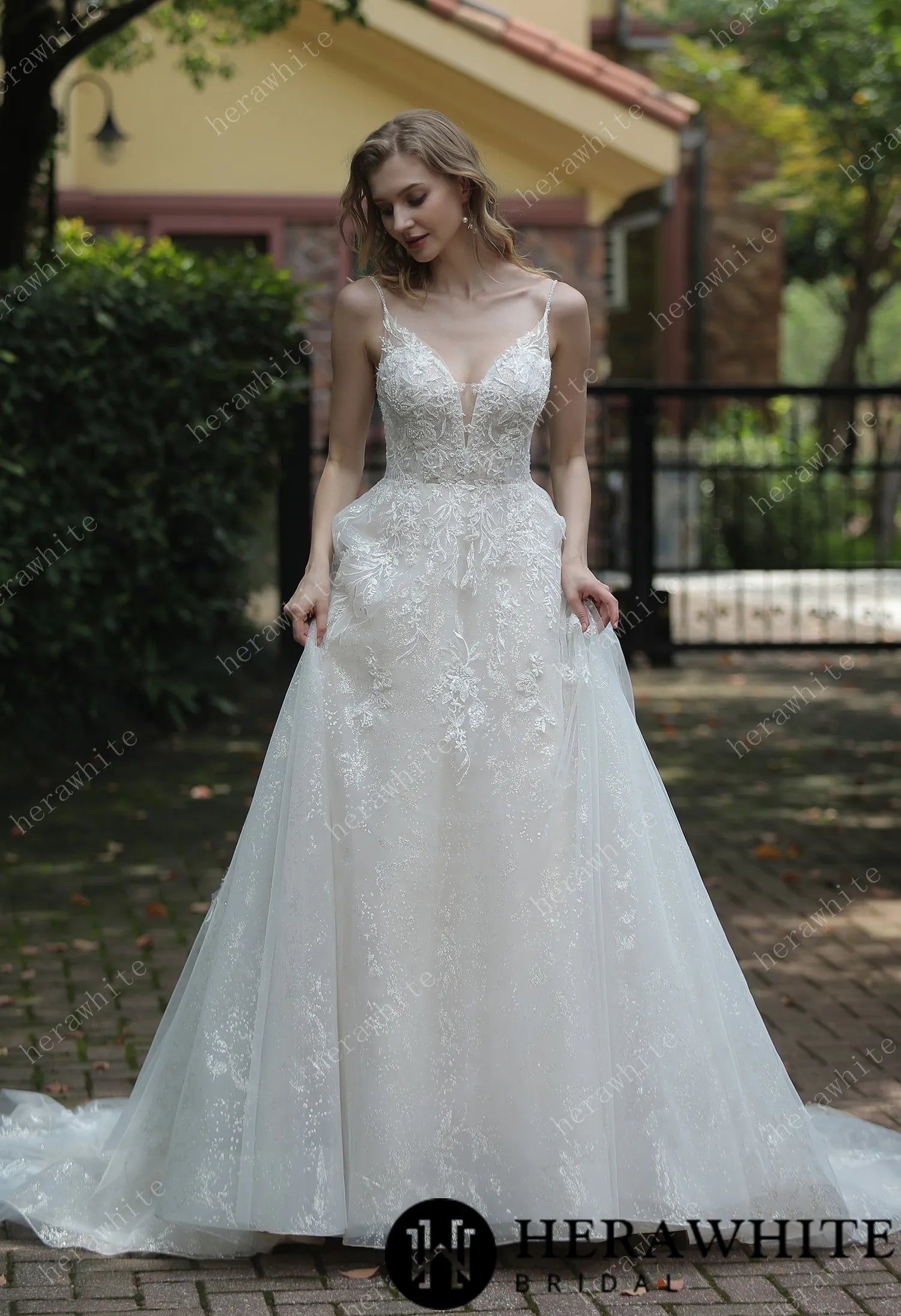 Sparkly A-Line Wedding Dress With Beaded Spaghetti Straps