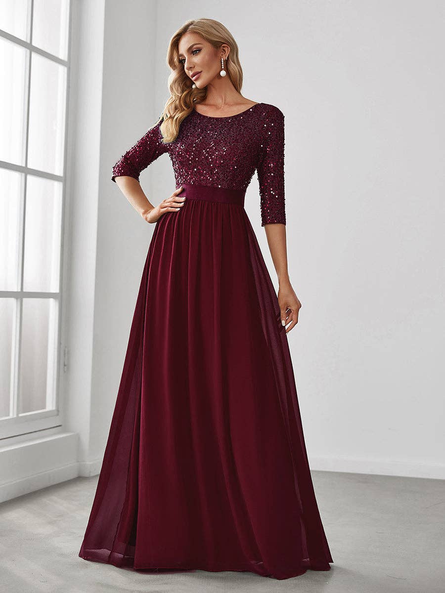 Elegant Round Neckline Sequins Patchwork Dress: 18 / Burgundy