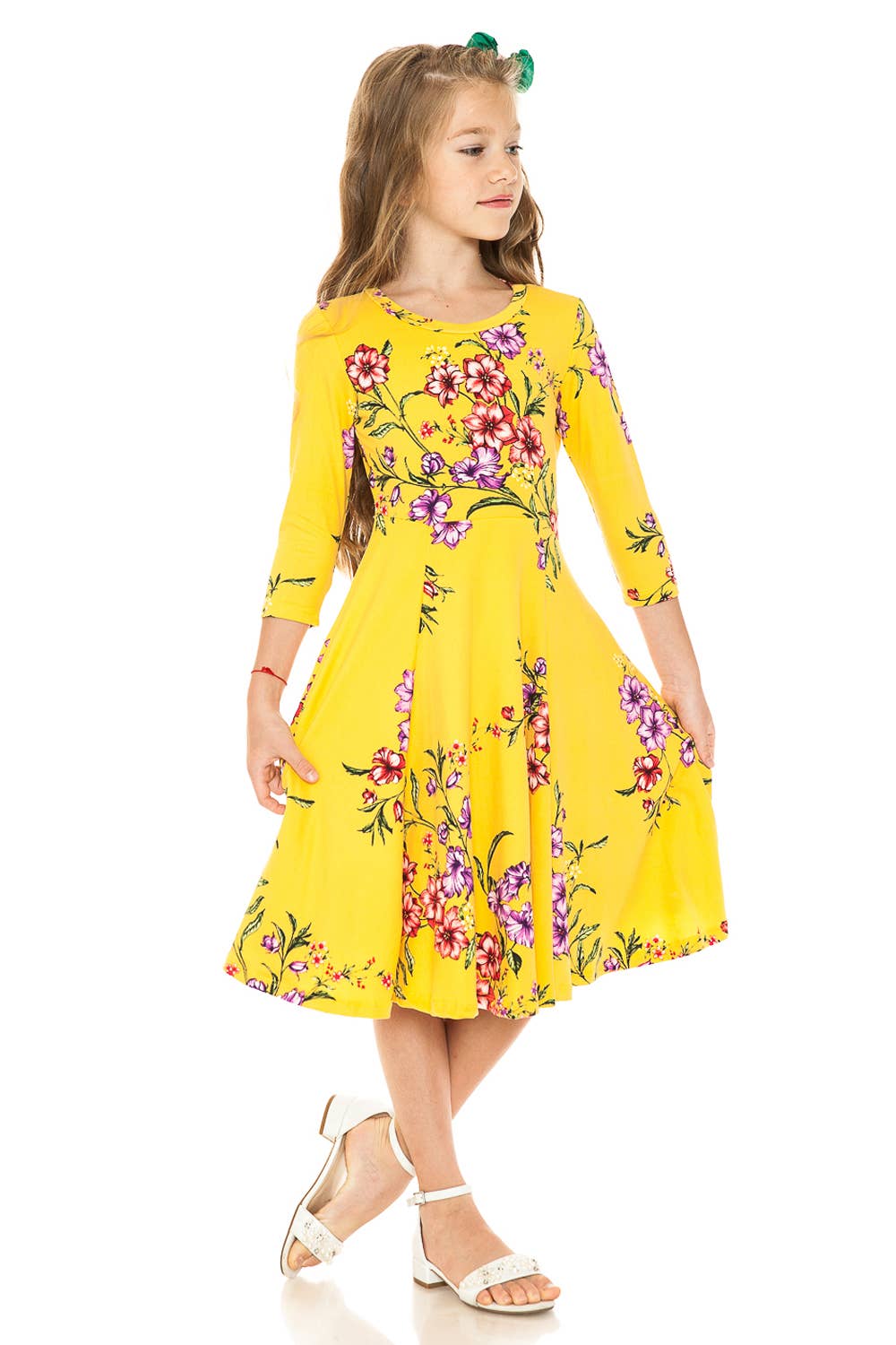 Girl's Princess Seam A-Line Dress with Full Skirt: MUSTARD FLORAL / S (5/6Y)