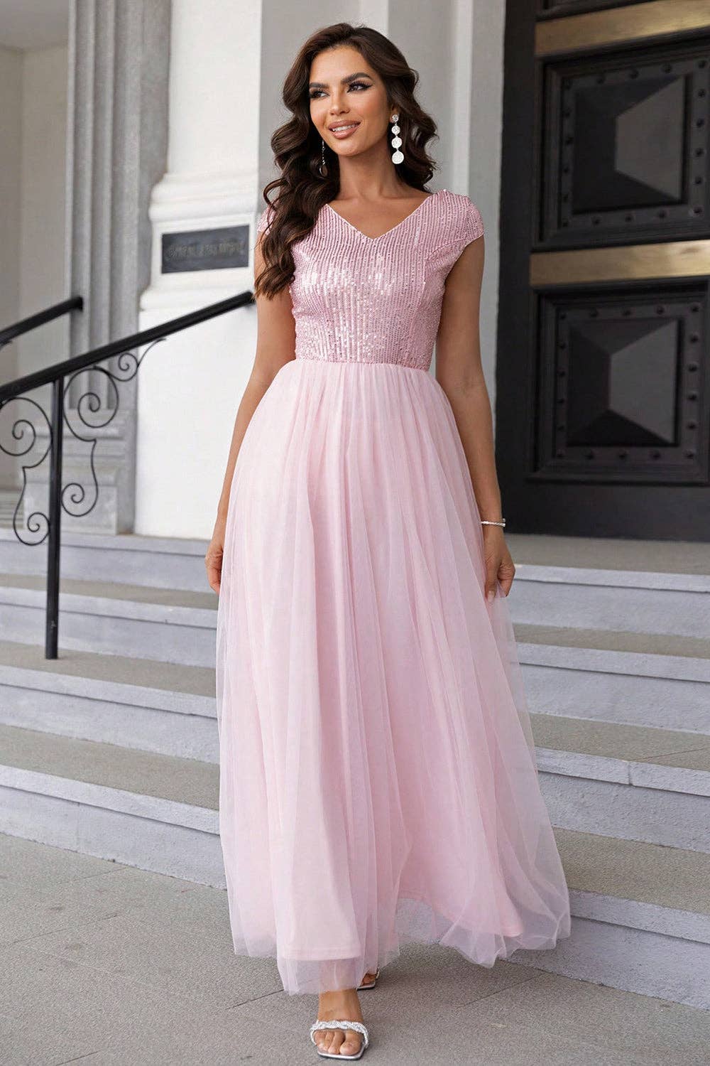 Sequin V-Neck Mesh Maxi Dress: Blush Pink / M