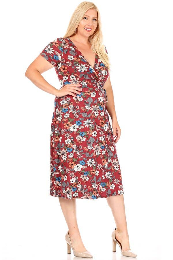 Plus size Floral dress-X203025D: 2X / Wine