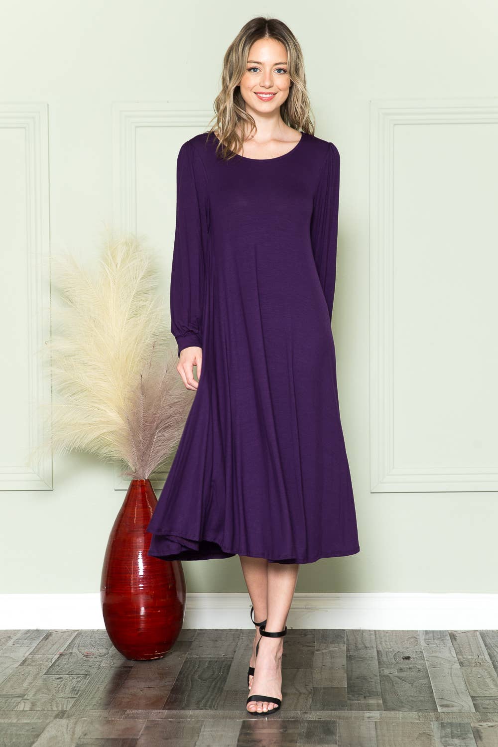Bishop Sleeve Midi Dress: EGGPLANT / L
