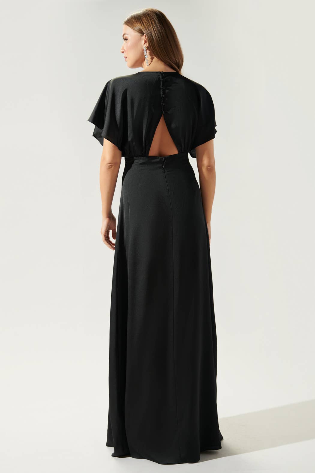 Darling Flutter Sleeve Cut Out Satin Maxi Dress: Black / S