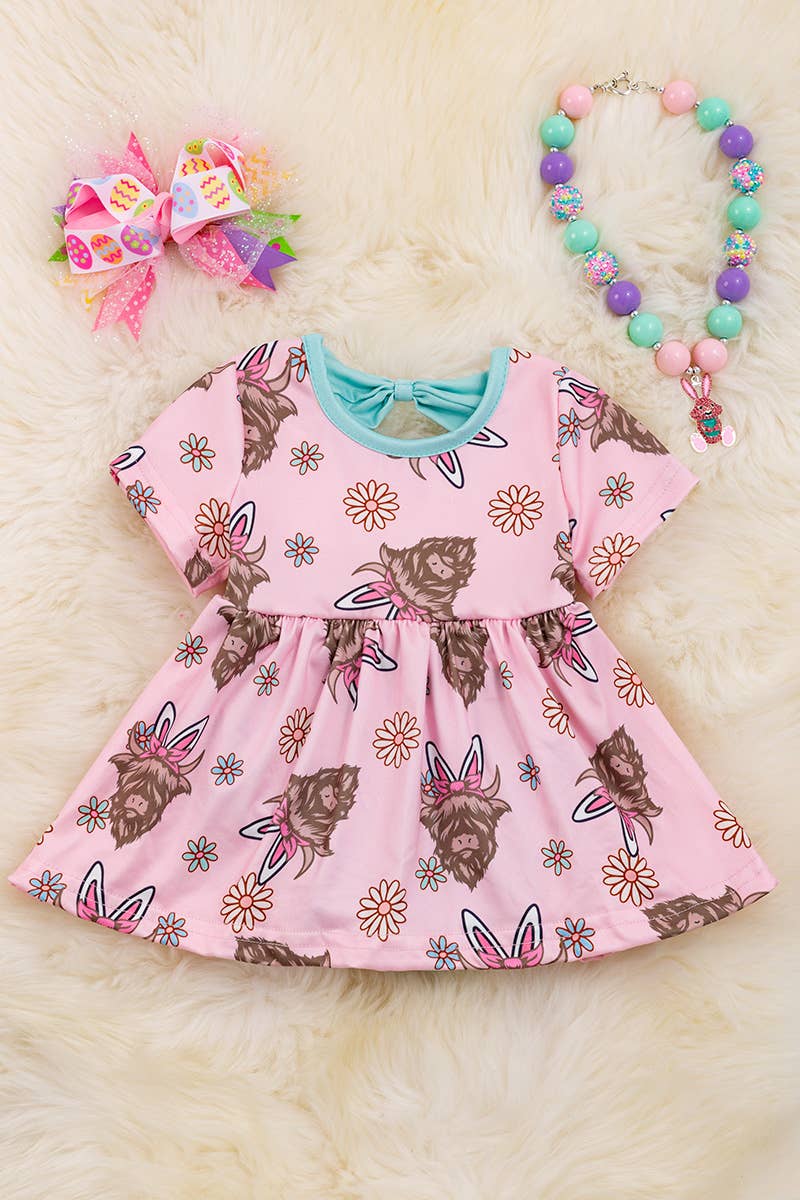 HIGHLAND COW WITH EASTER EARS BABY DRESS. RPG20144009 SOL: 18-24M