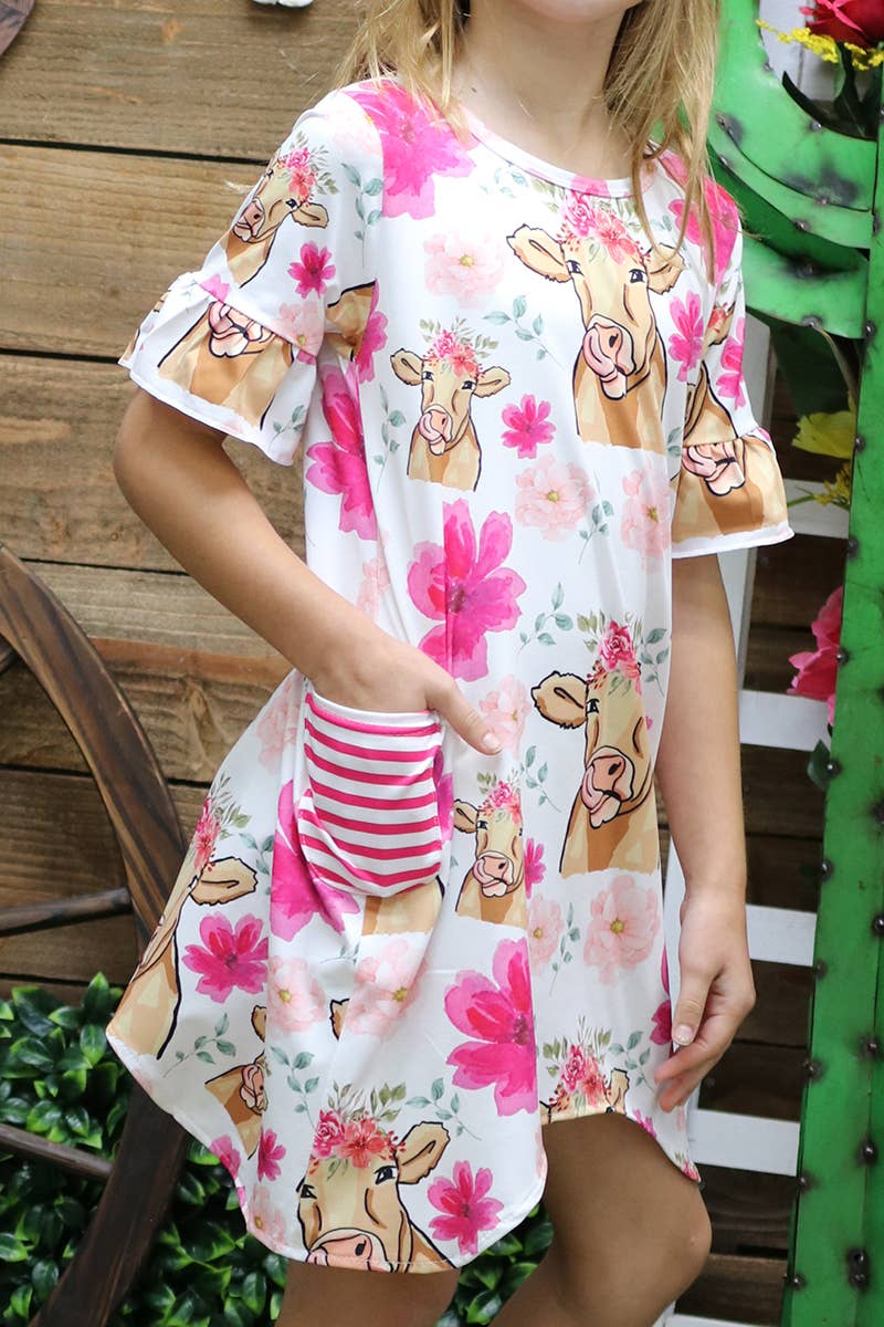 COW PRINTED DRESS WITH SIDE POCKETS. GSD021501-AMY: 6-7
