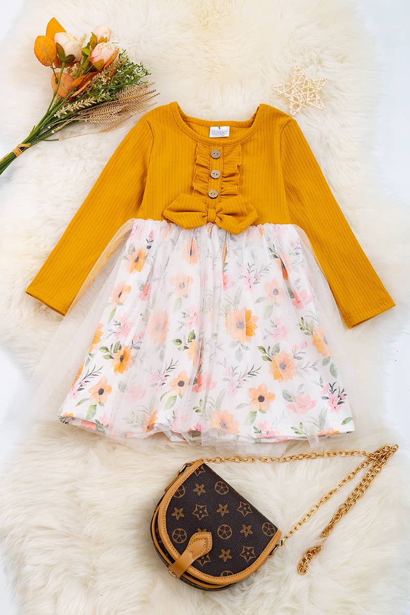 MUSTARD YELLOW FLORAL TULLE DRESS. DRG65133115 LOI: 2XS