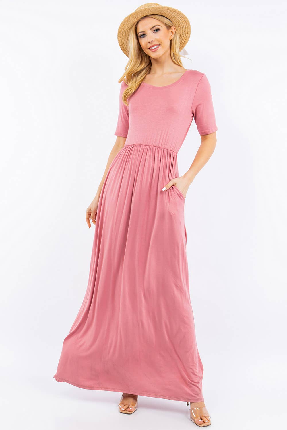 MODEST SHORT SLEEVE MAXI DRESS WITH POCKETS -CD23411T
