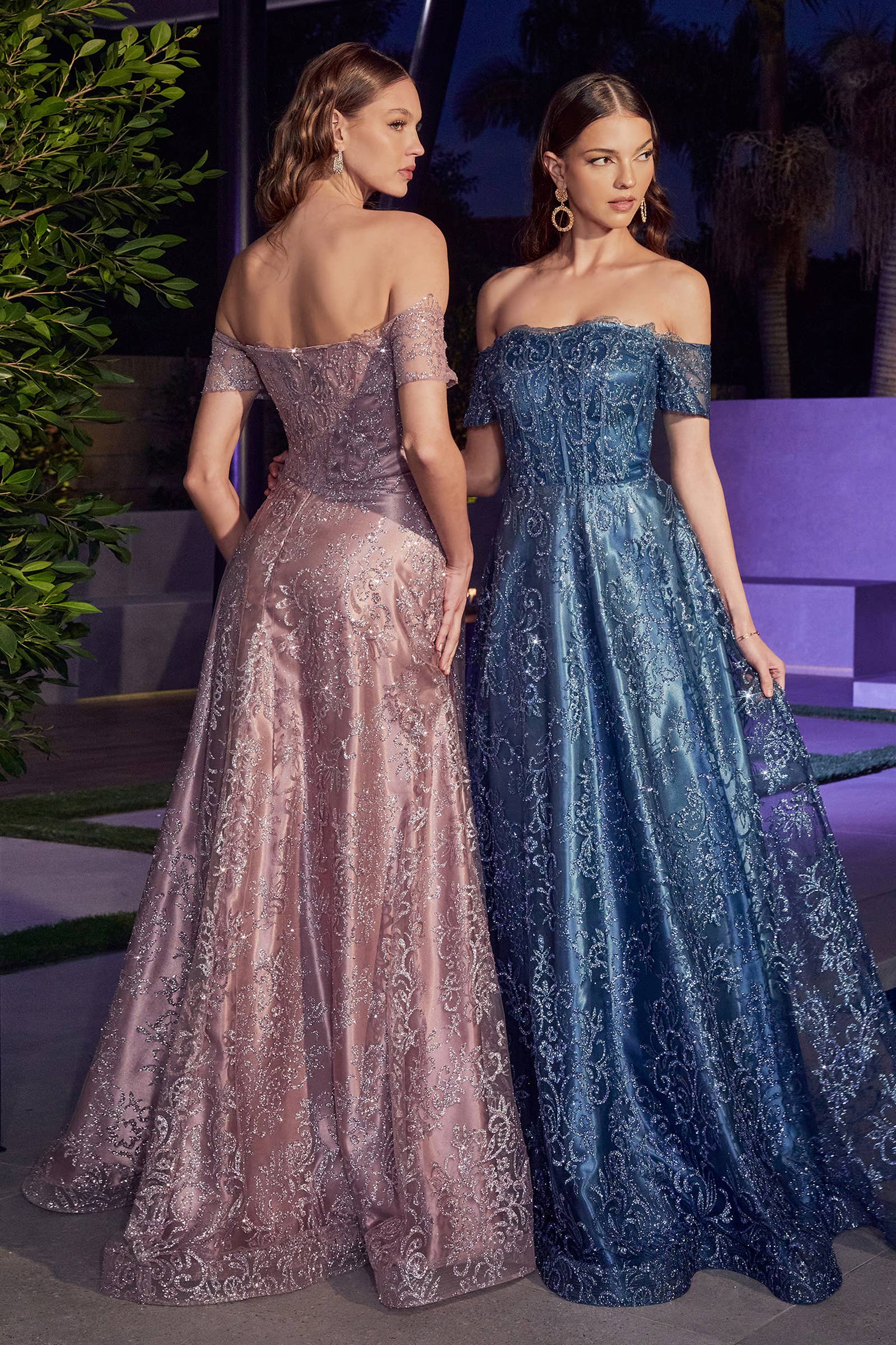 OFF THE SHOULDER GLITTER PRINT A-LINE GOWN