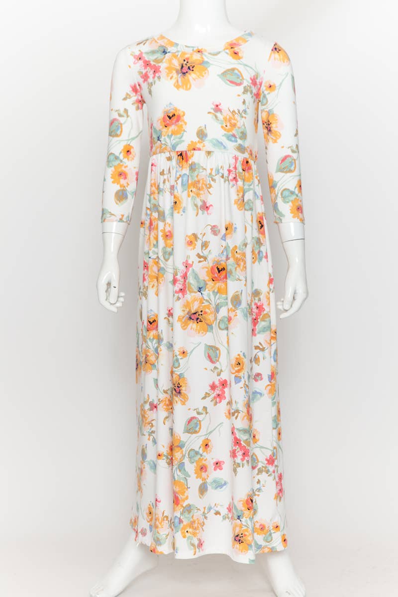 Girls Fit and Flare Floral Maxi Dress: FLORAL ORANGE / XL