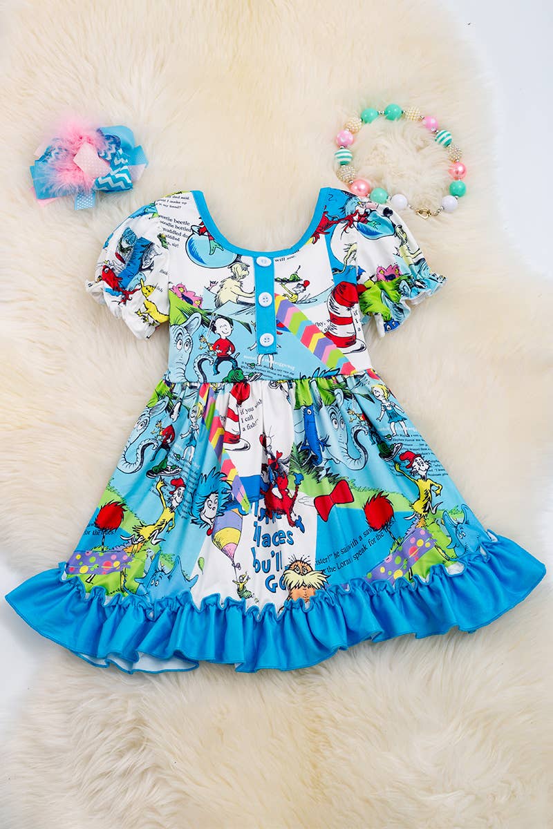CAT IN THE HAT TURQUOISE DRESS WITH RUFFLE. DRG40198 AMY: XL