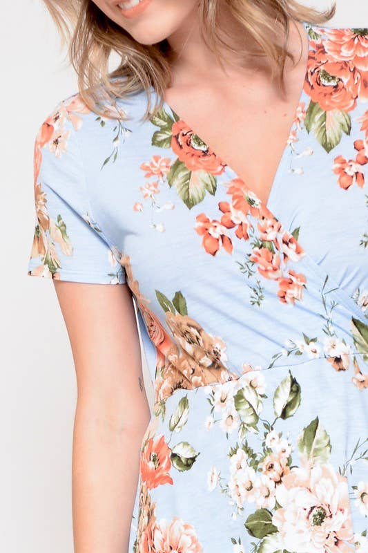 X201500D-Plus Size Floral Wrap Dress: 3X / Blue/Coral