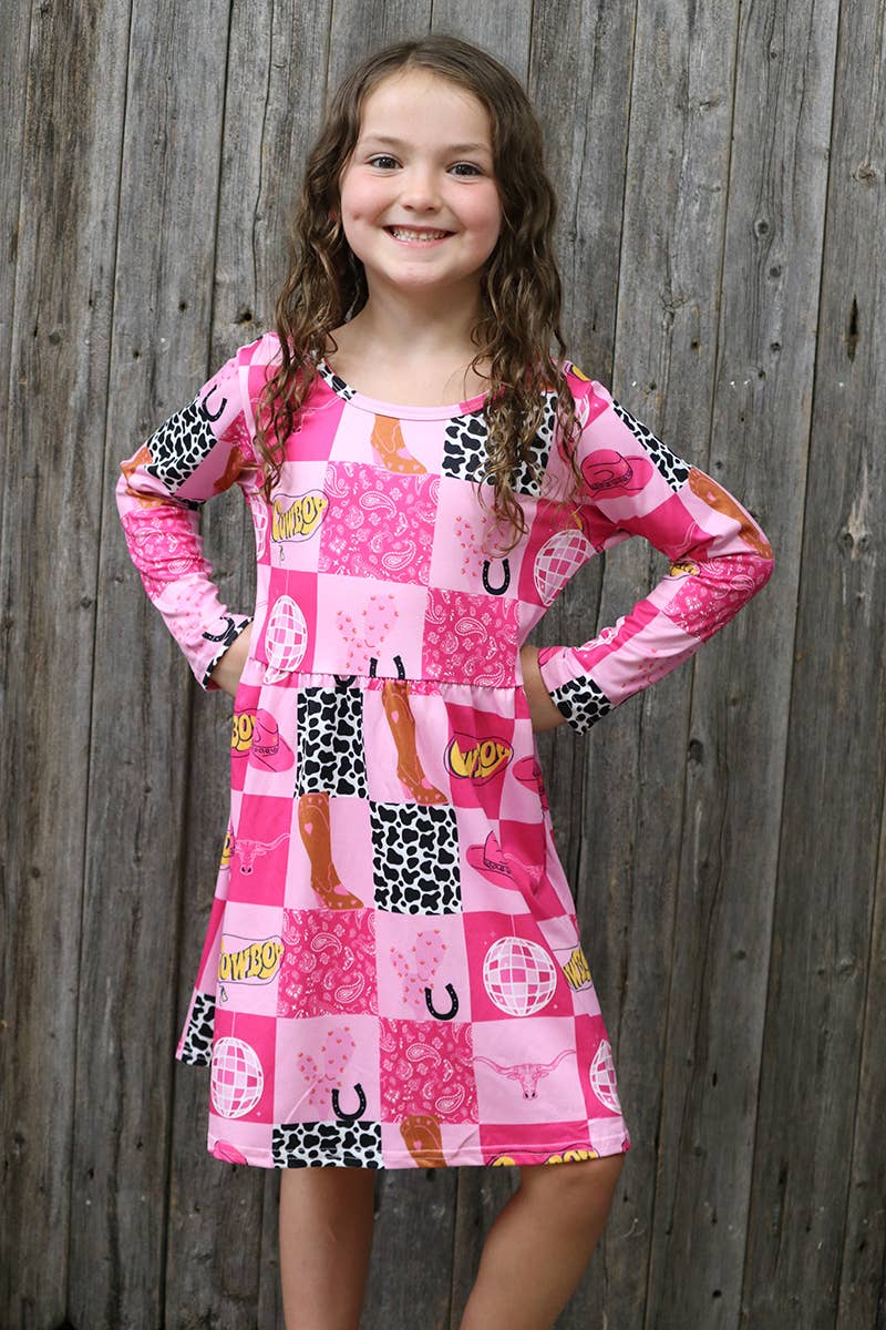 MULTI-PRINTED WESTERN PATCHES ON PINK DRESS.GLD050410-WENDY: 2T