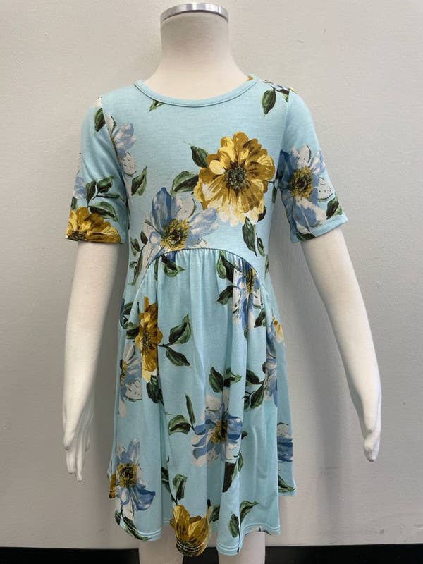 GIRLS FLORAL KNIT DRESS - K1610140D: L / BLUE/YELLOW