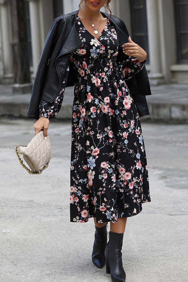 WOMEN V NECK FLORAL PRINT DRESS_CWDMD0934