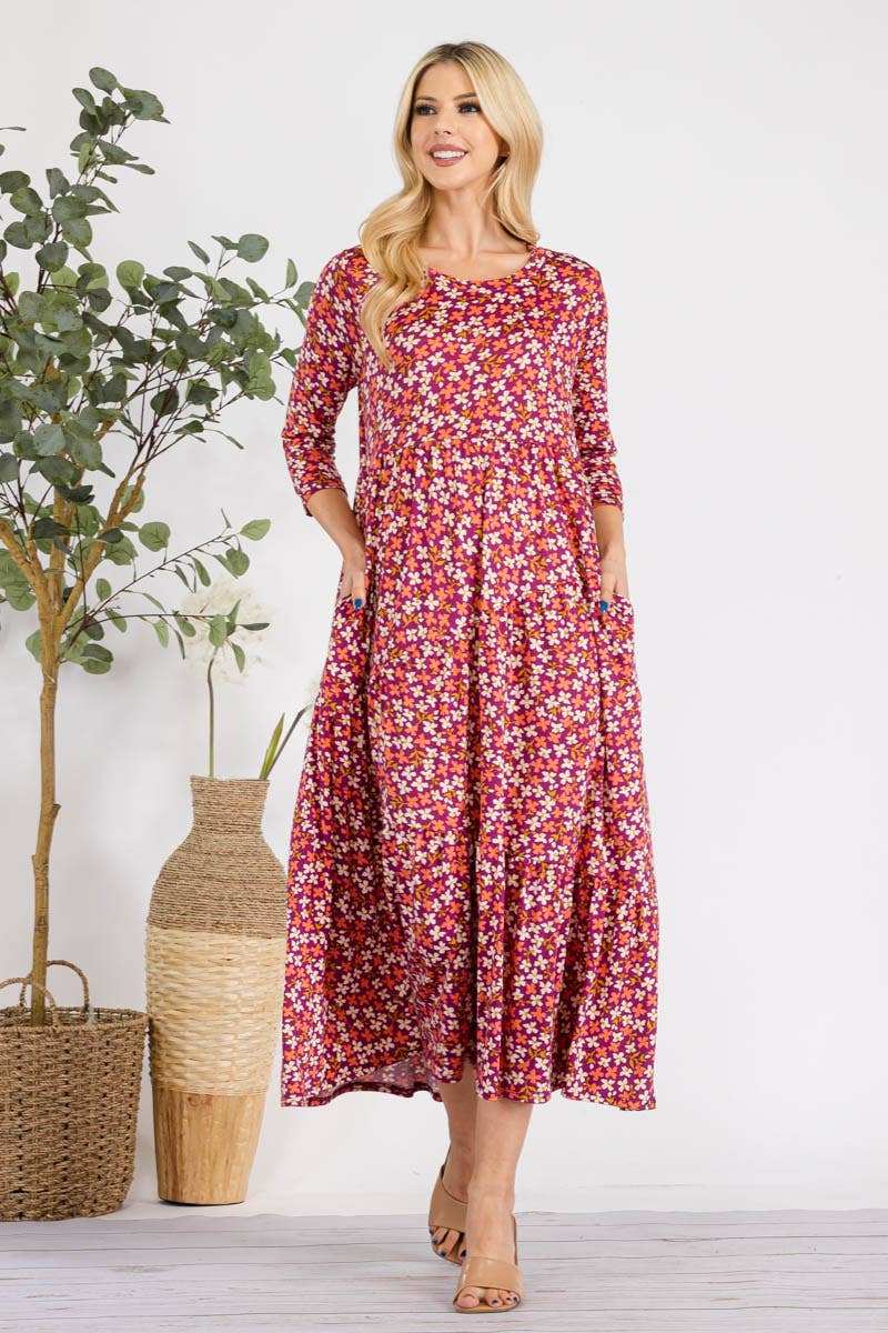 MAGENTA FLORAL TIERED MIDI-DRESS MISSY & PLUS SIZE -CD43848E