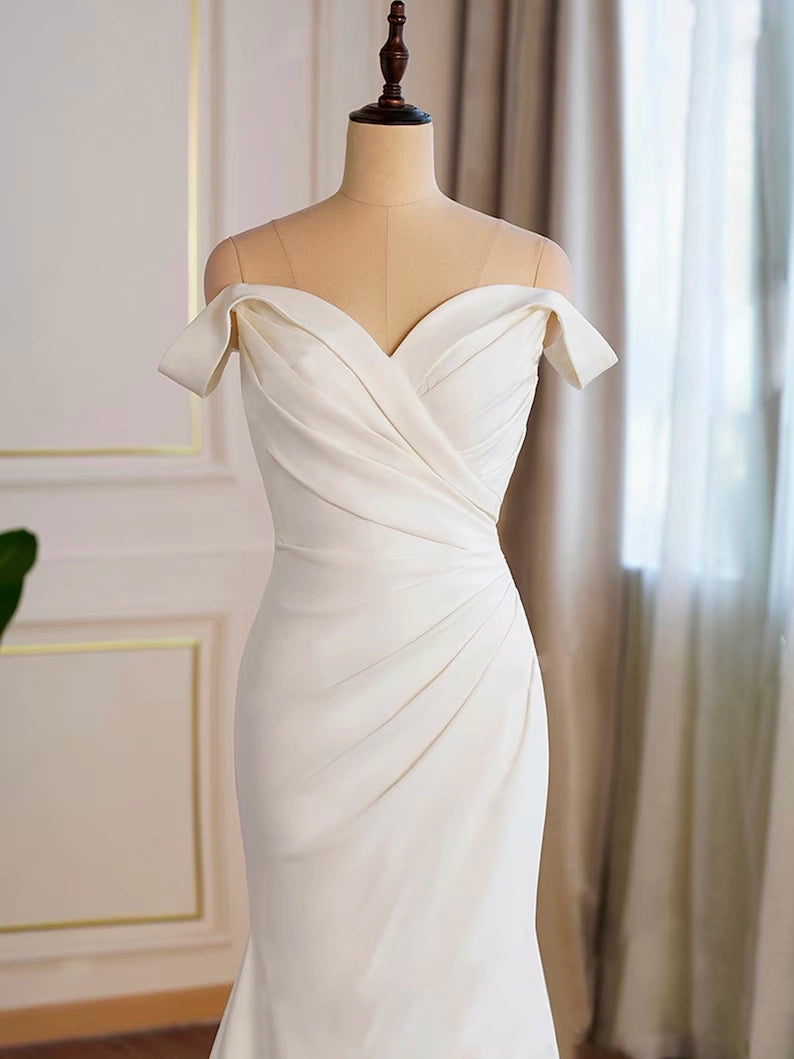 Crepe Off-the-shoulder Pleated Fit And Flare Bridal Gown