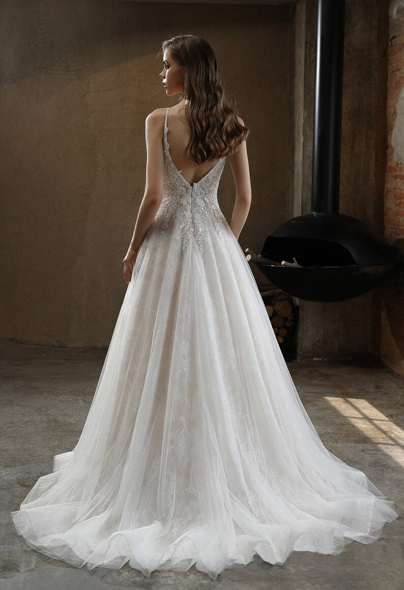 Beaded A-Line Wedding Dress with Spaghetti Straps