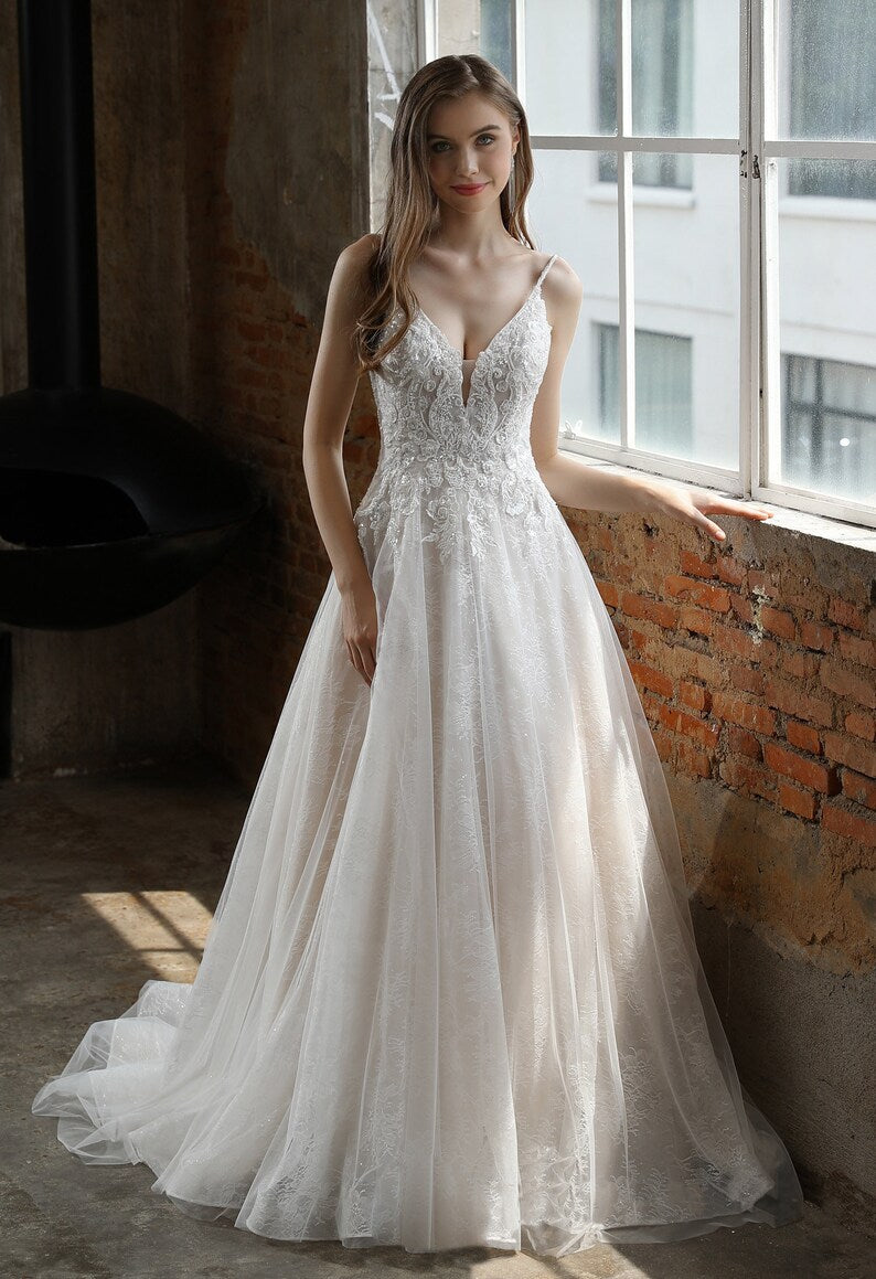 Beaded A-Line Wedding Dress with Spaghetti Straps