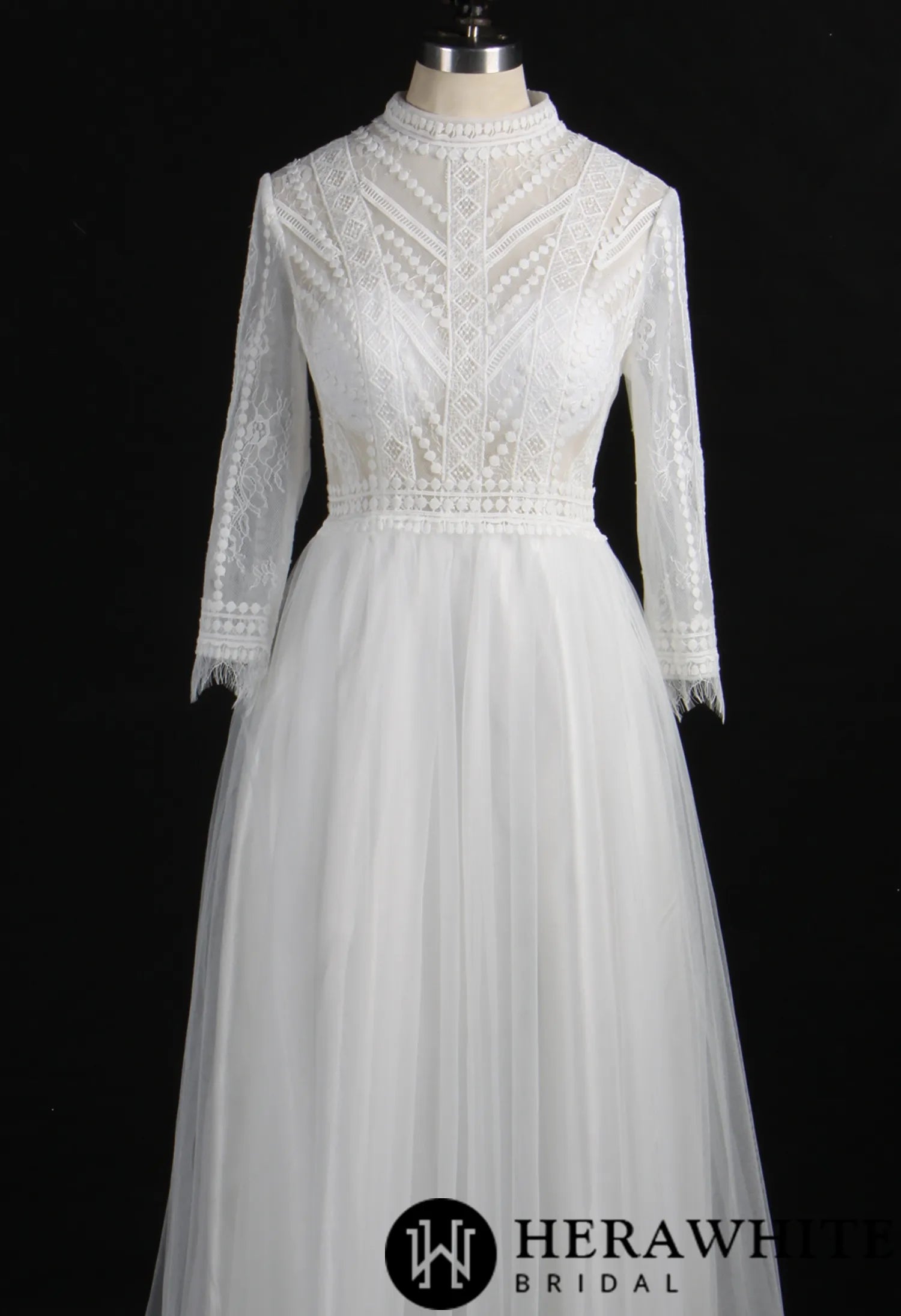Flowy Long Sleeve High Neck A-Line Wedding Dress