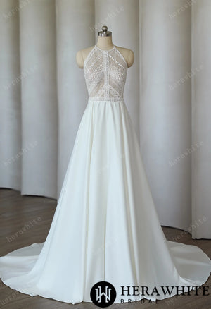 Halter A-line Bohemian Lace Wedding Dresses Sweep Train Satin