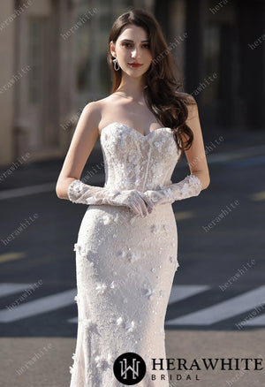 High Neck Lace Mermaid Bridal Gown with Buttons Placket HW3803-N+L