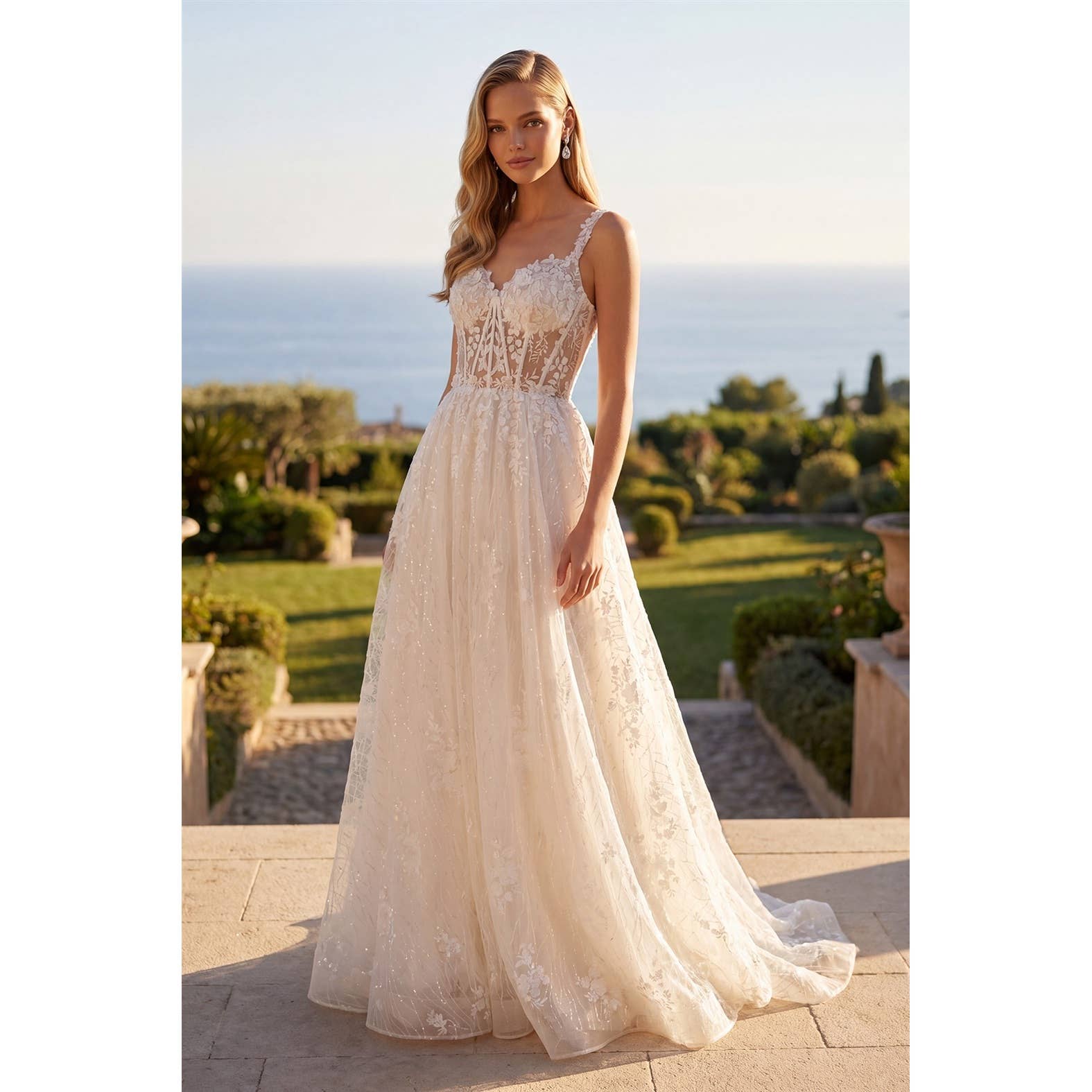 SLEEVELESS GOWN WITH LACE CORSET AND SKIRT