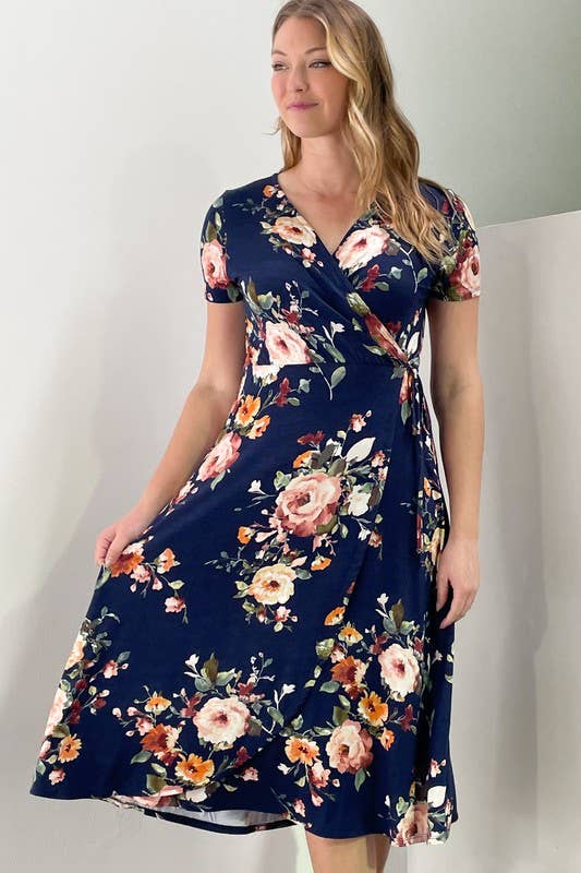 NAVY - Floral Printed Midi Dress for Women: NAVY