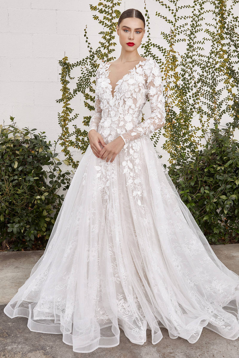 LONG SLEEVE WEDDING BLL GOWN WITH LACE LAYERS & APPLIQUE