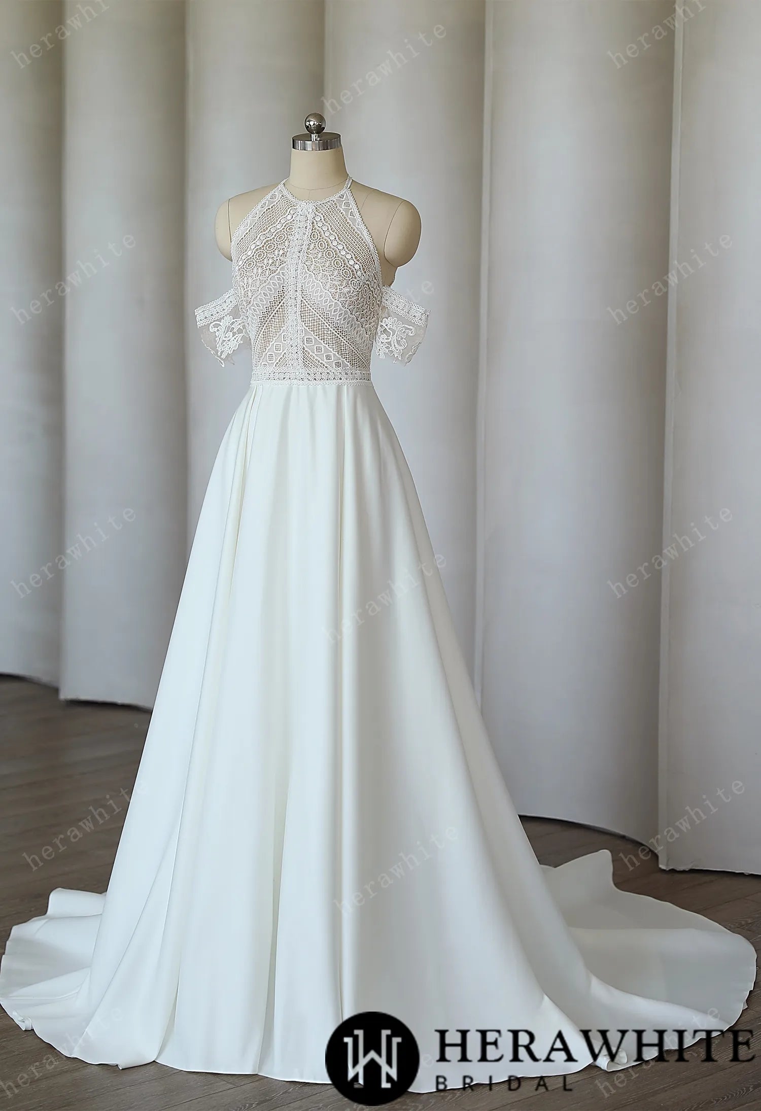 Halter A-line Bohemian Lace Wedding Dresses Sweep Train Satin Forever & Always Halter A-line Bohemian Lace Wedding Dresses Sweep Train Satin Forever & Always