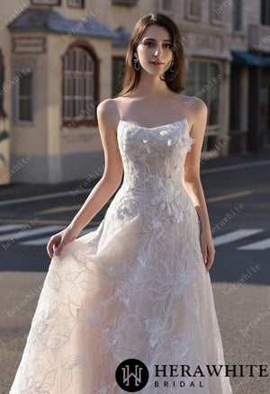 Strapless Sparkle Lace Bridal Gown with 3D Flowers HW3812