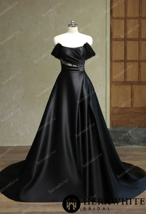 Modern Off Shoulder Grace Slit And Strapless Satin Black Wedding Dress