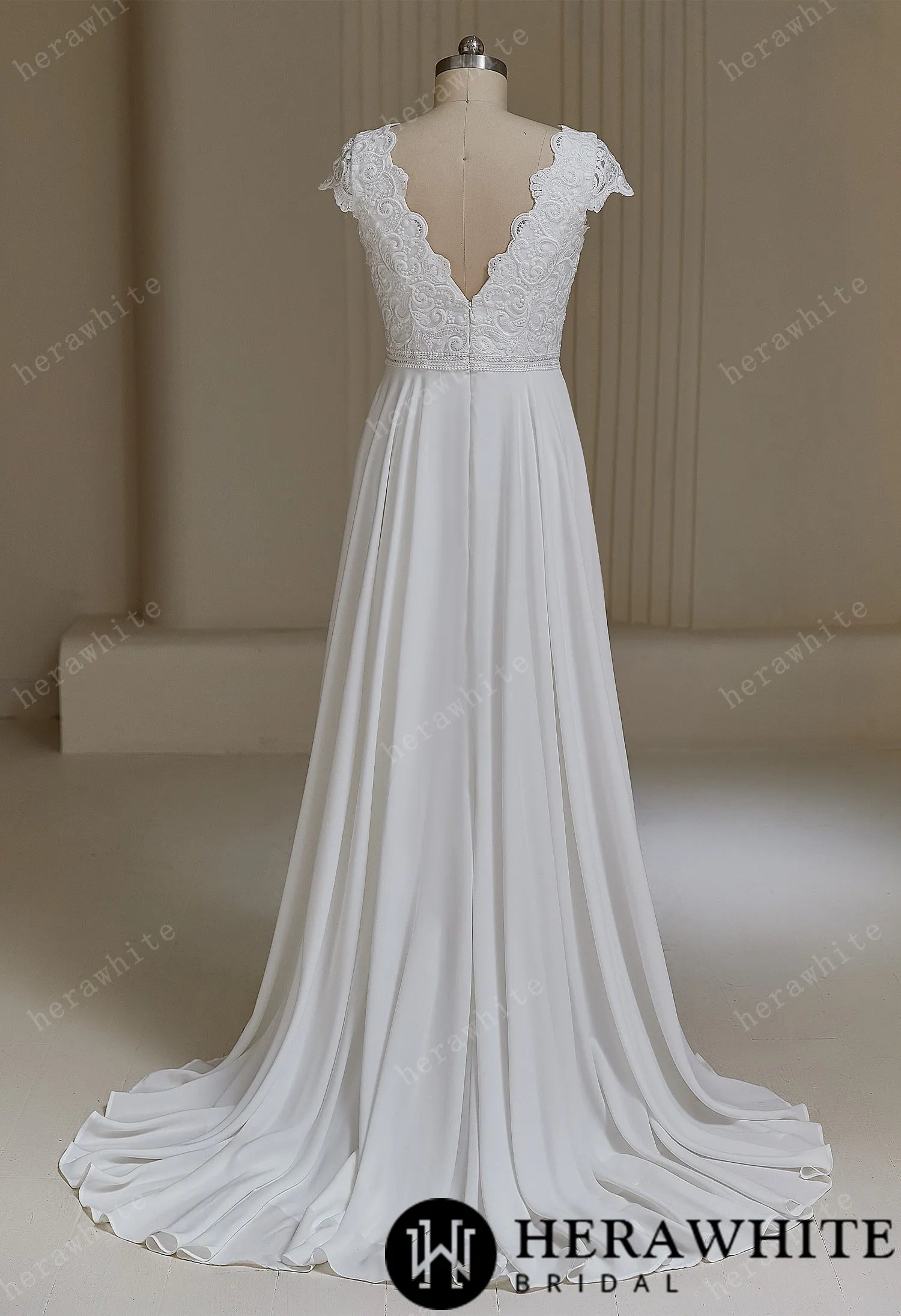 V neckline Wedding Dress with Chiffon Skirt