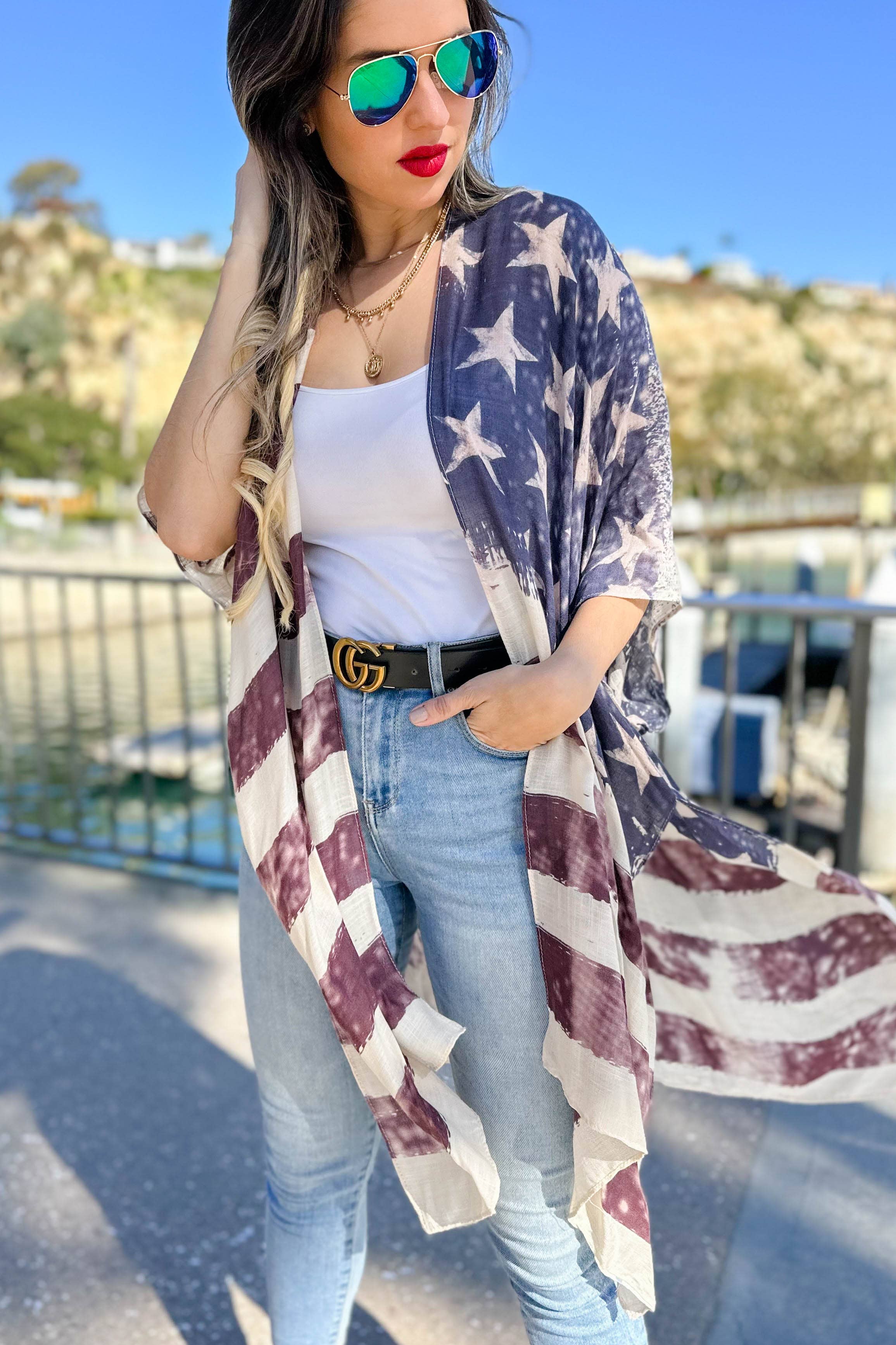 4th of July Vintage American Flag Printed Kimono Cover Up