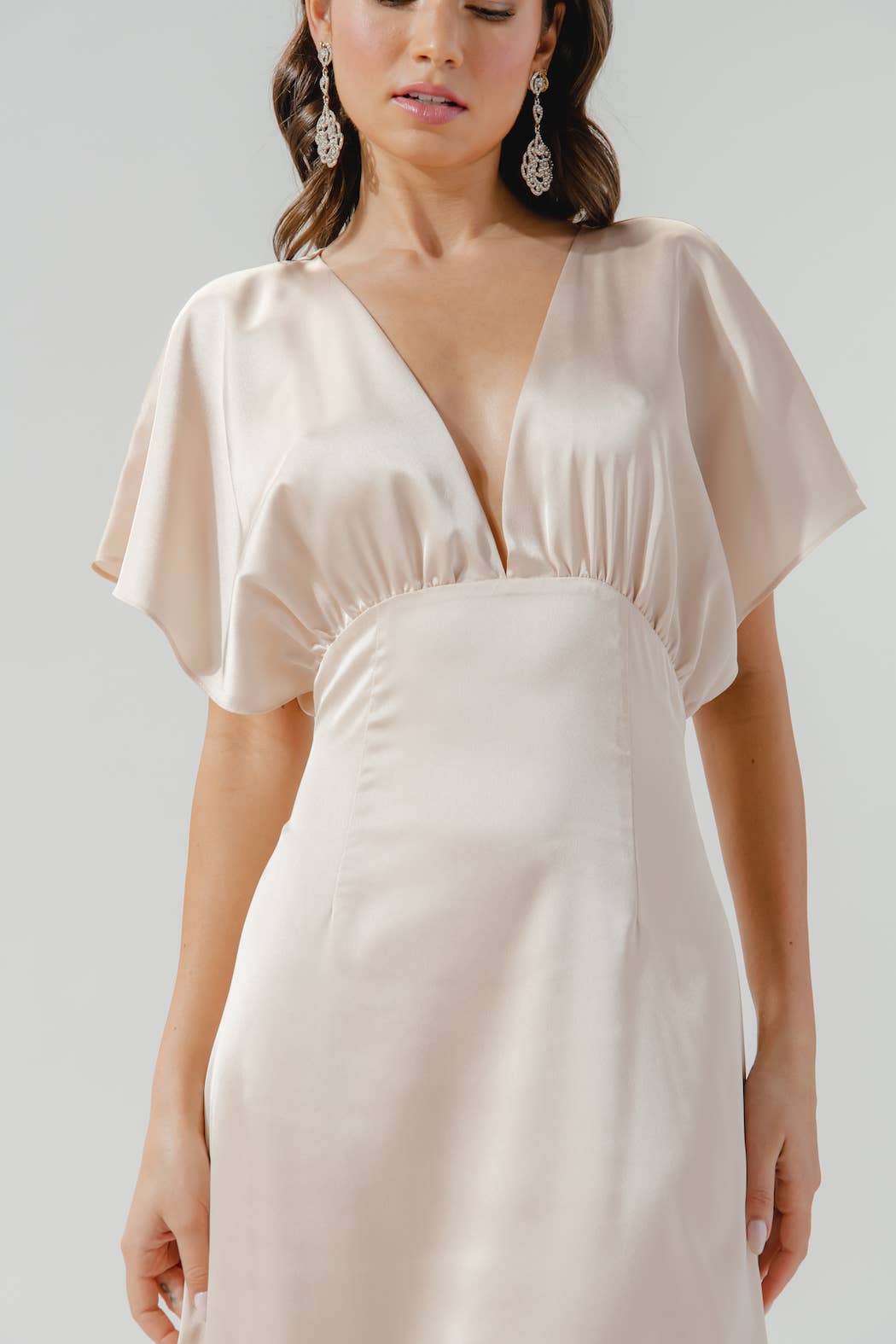 Darling Flutter Sleeve Cut Out Satin Maxi Dress: Champagne / M