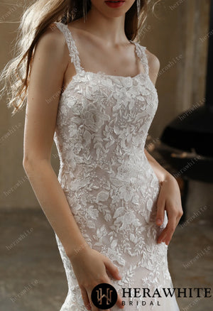 Square Neckline with Lace Straps Mermaid Wedding Gown