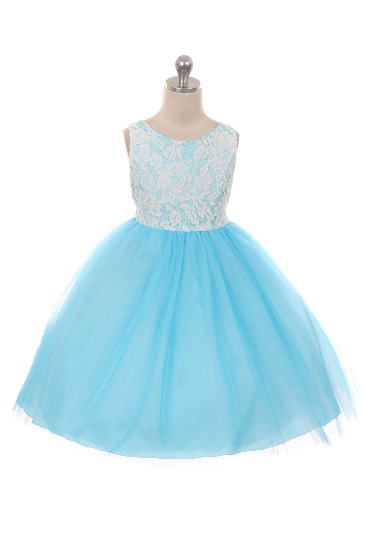 Lace Illusion Girls Dress With/Without 3 Mesh Flowers: No / Aqua / 4