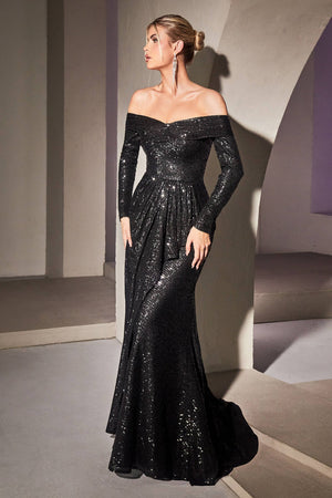 SEQUIN OFF THE SHOULDER LONG SLEEVE GOWN