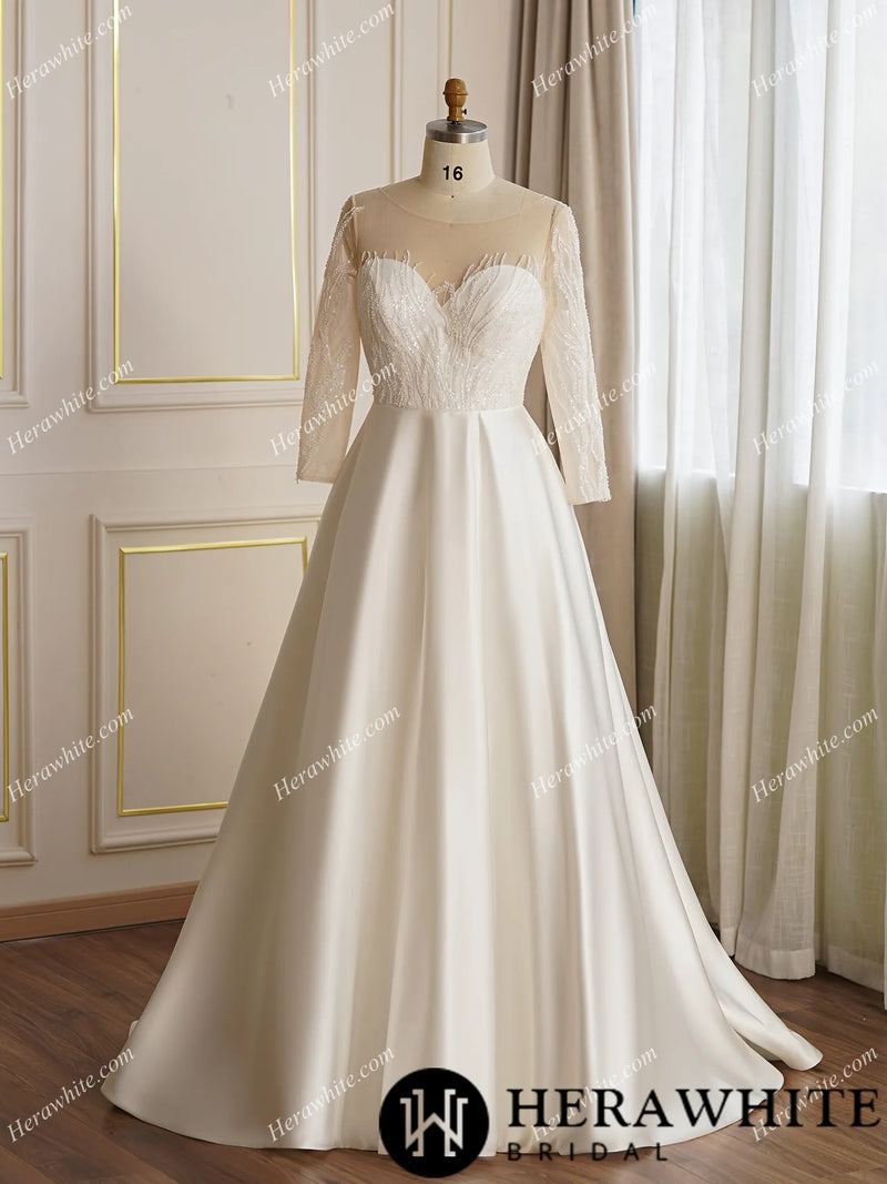 Beaded Sheer Long Sleeve Satin Wedding Dress