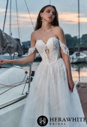 Hollow Appliques Off Shoulder And Sweetheart Wedding Dress