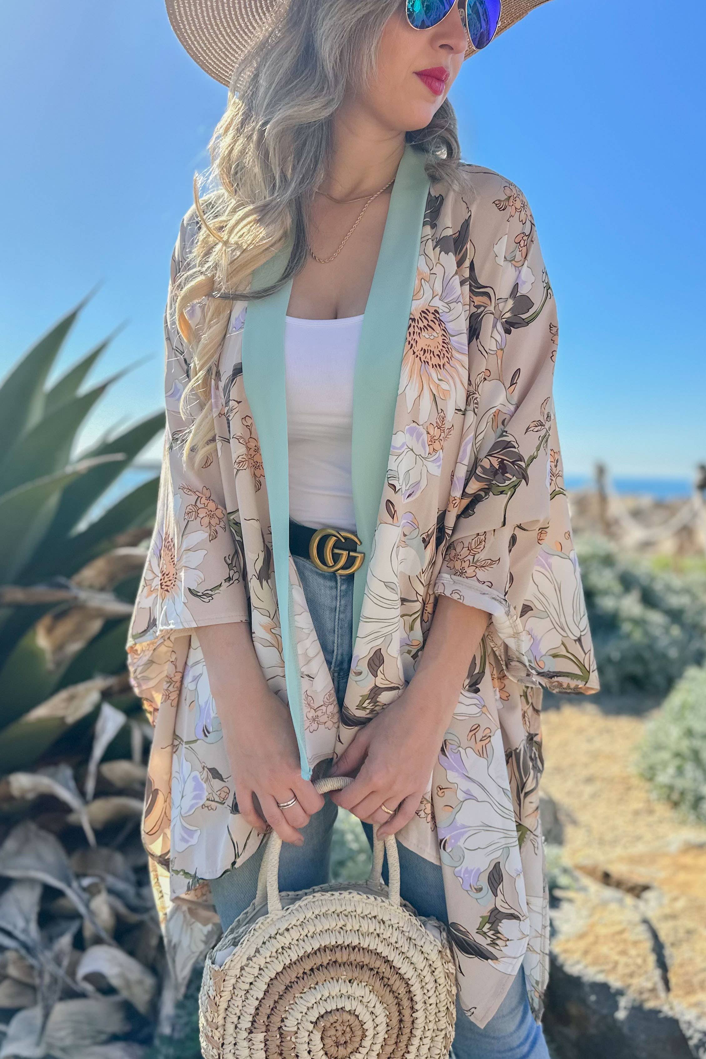 Nude Floral Printed Kimono Cardigan Cover UP