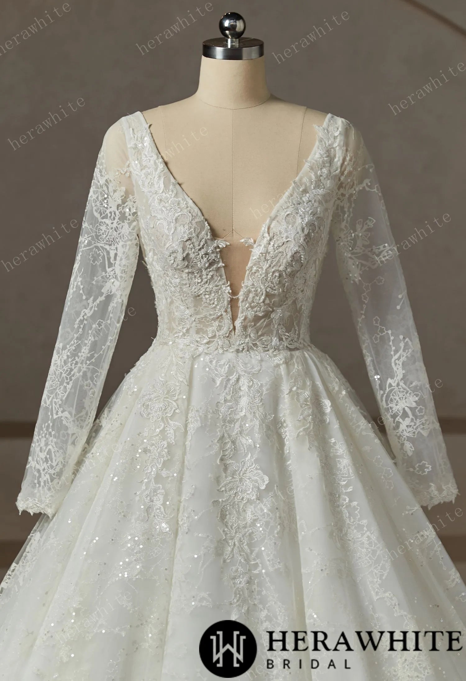 V-Neck Sparkly Wedding Gown With Long Sleeve