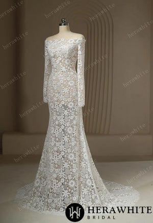 Unique Illusion Off The Shoulder Sheer Lace Wedding Dress