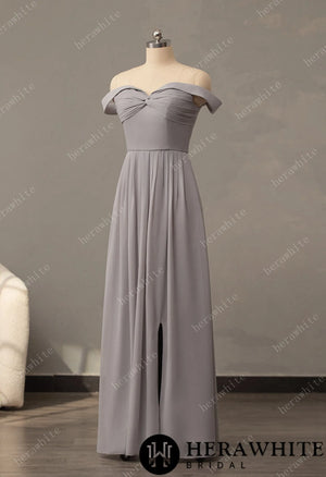 Off The Shoulder Chiffon Bridesmaid Dresses Long Split A-Line Floor Length Ruched Pleated Lace up