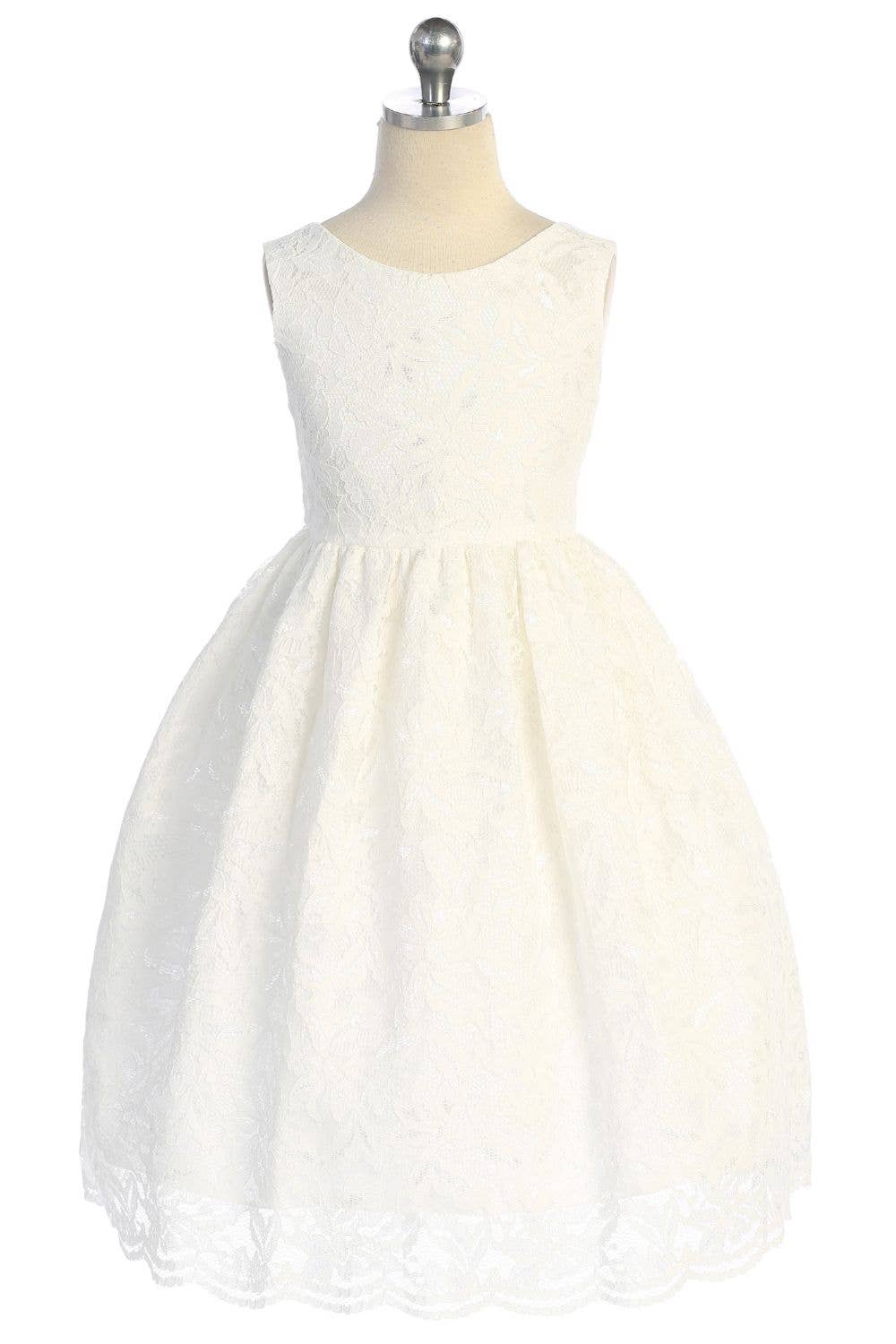 All Lace Girls Dress with V Back & Bow and Plus Sizes