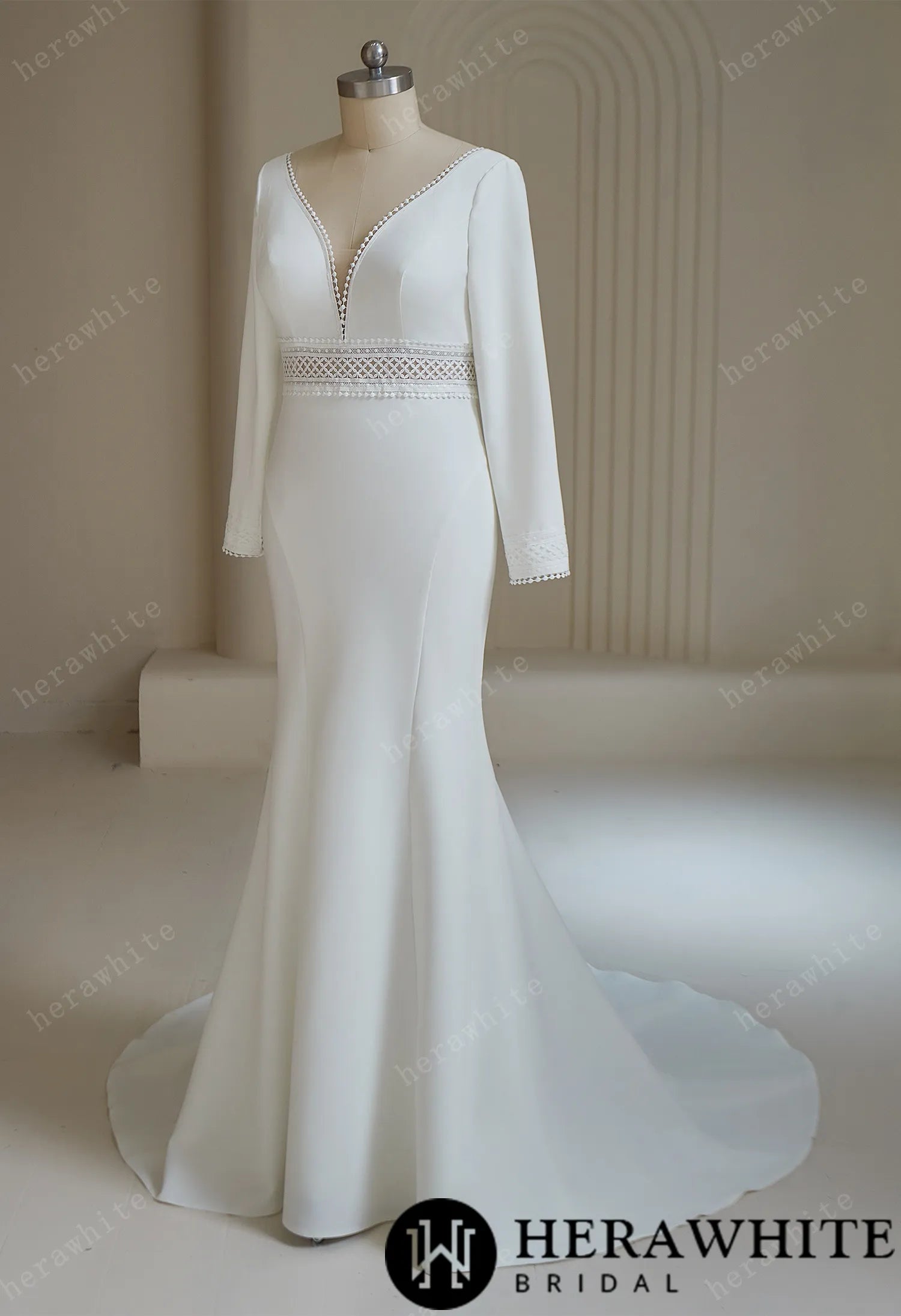 Deep V Neck Crepe Mermaid Wedding Dresses With Full Sleeves