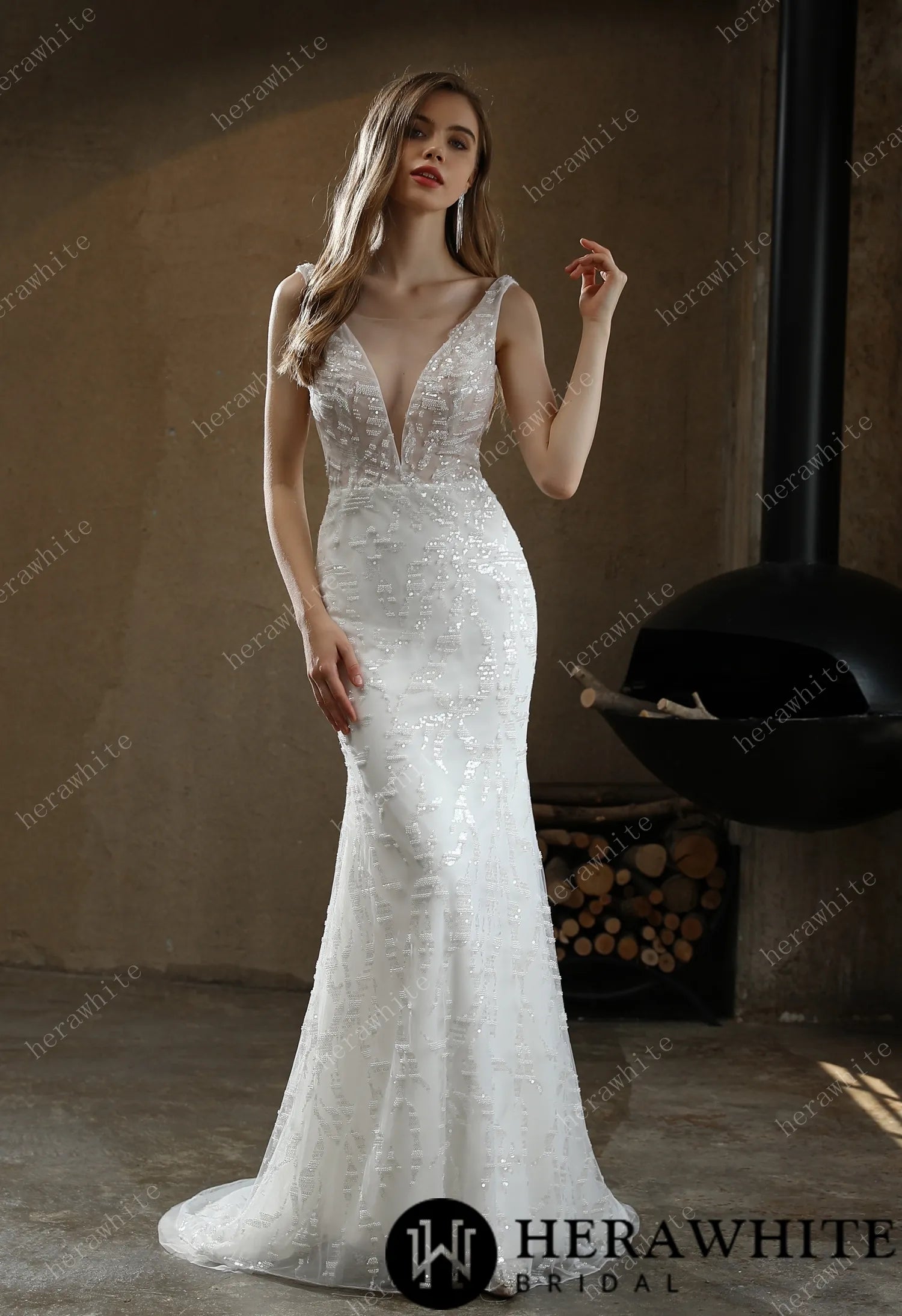 Allover Beaded Sheath Wedding Dress with a Ruffled Skirt