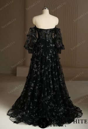 Luxury 3D Lace Appliqué Embroidery Detachable Sleeve Black Wedding Dress