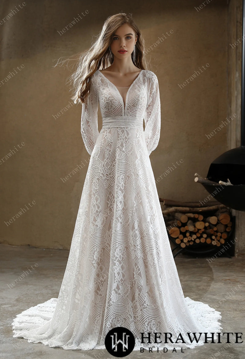 Unique Plunging V-neck Lace Bohemian wedding gown