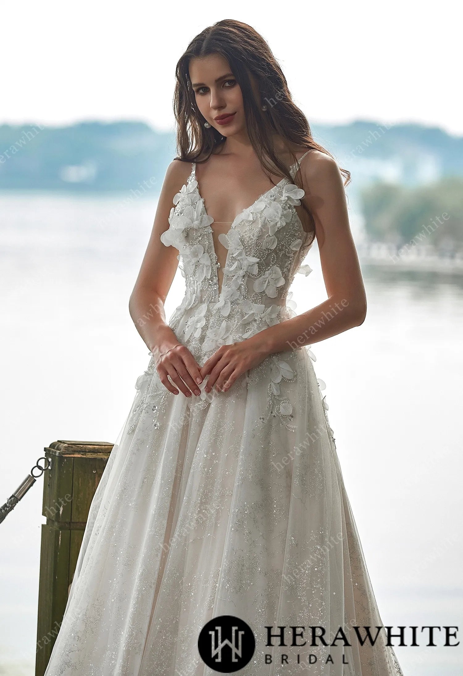 Sexy Beaded Spaghetti Strap Wedding Dress with 3D Flowers